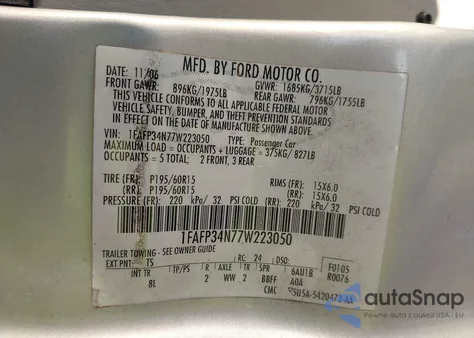 2007 Ford Focus S/Se/Ses z USA, uszkodzony, nr VIN 1FAFP34N77W223050